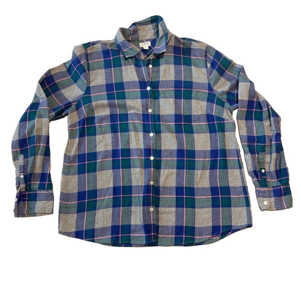 J.CREW Flannel Shirt Women Large Blue Green Plaid Long Sleeve Granola Girl Cabin
